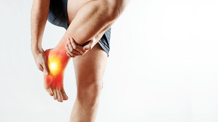 Person gripping ankle and foot with highlighted redness indicating pain or injury