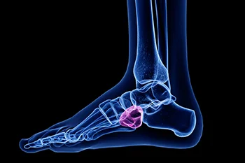 X-ray illustration of a foot highlighting the cuboid bone in pink